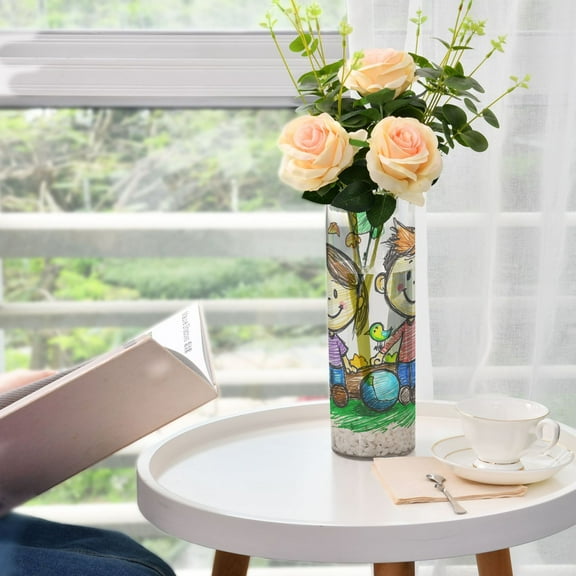 Children Playing Ball Plastic Vase 11.8'' x 3.9'' Transparent Non Breakable Decorative for Family