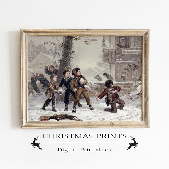 Children Playing Poster Wall Art, Vintage Winter Classic Snow Scene Decor UNFRAMED Poster, Wall Art for Decor, Present, 16x24