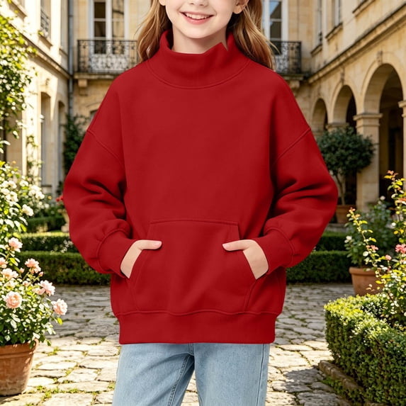 Children Pockets Sweatshirt Solid Color Winter Long Sleeve Sweatshirt for Boys Girls