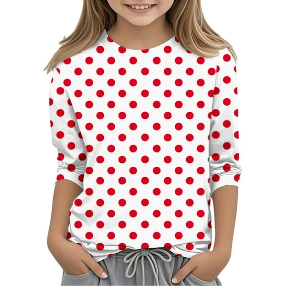 Children Polka Dot Print Quarter Sleeve Round Neck Top Stretchy Polyester Tee Casual Pullover for Boys Girls Play Outfit Kids Polka Dot Top