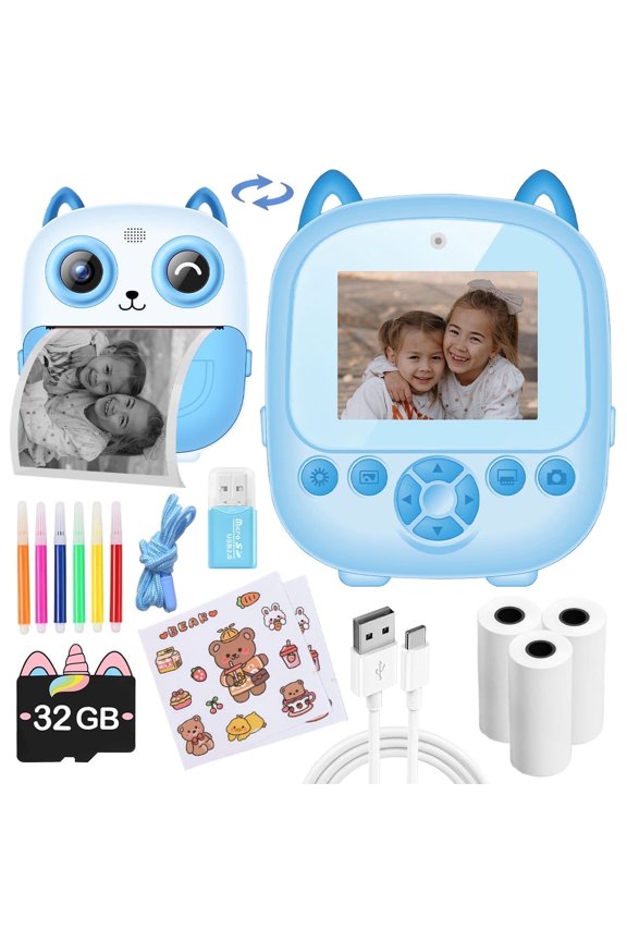 Children Digital Camera, 1080P 2.4 inch Kids Instant Print Camera with Print Paper, SD Card, Color Pens, Christams Gifts for 3-12 Year Old Boys Girls, Blue