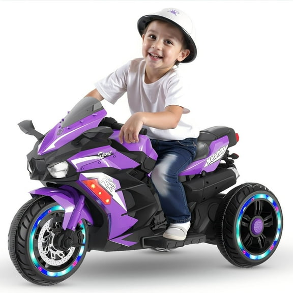HNH 12V Electric Motorcycle for Kids, Powered Ride on Toys, 3 Wheels Motorcycle with LED Lights, Bluetooth Music, Violet