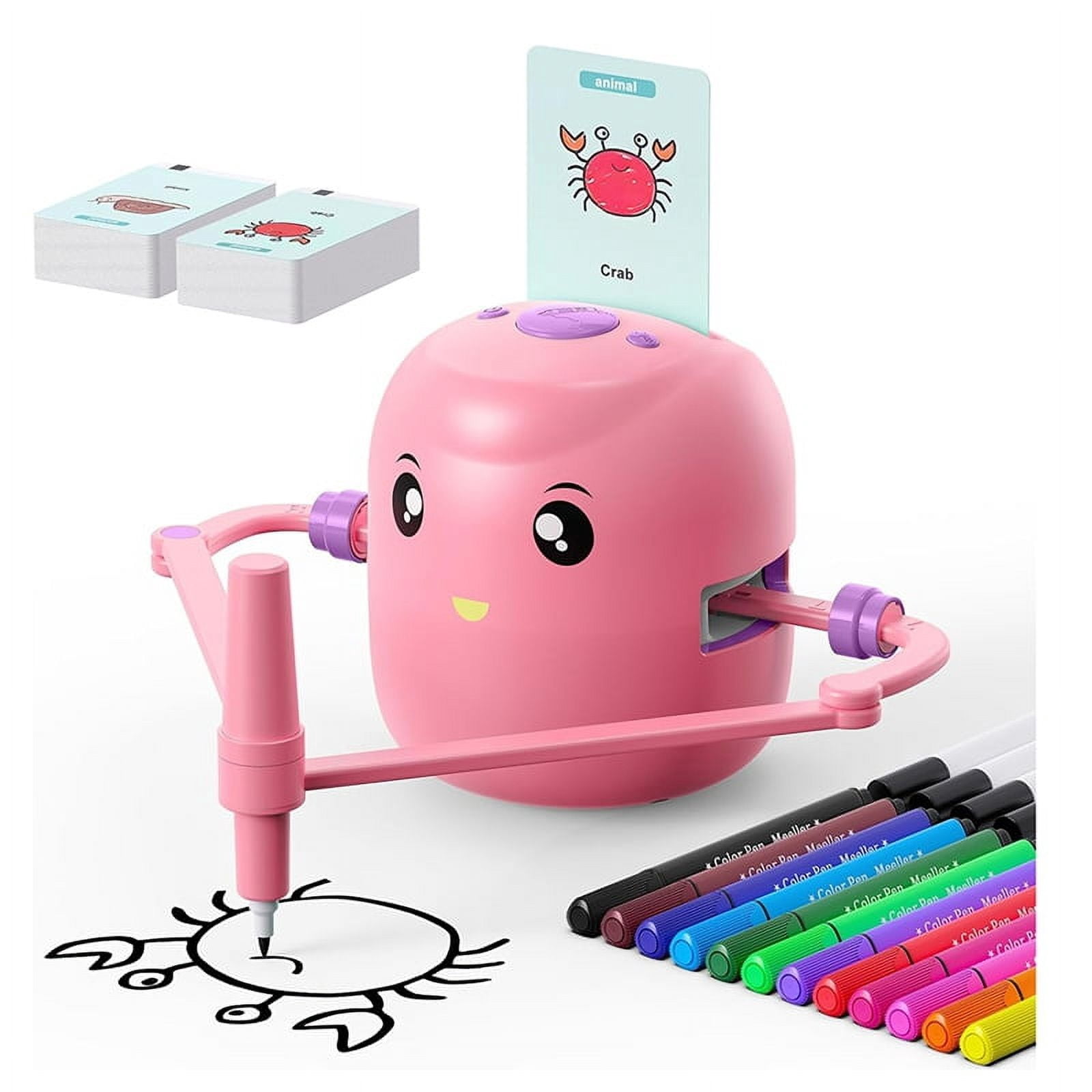 Children'S Intelligent Painting Robot, an Ideal Gift for Children over 5 Years Old,Pink,1 * drawing robot 16 * colored pens 100 * word cards,Pink
