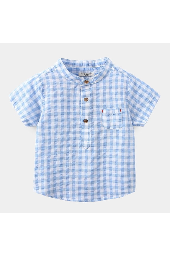 Children'S Plaid Short Sleeved Henley Shirt, Breathable Cotton Blend, Stand Up Collar Design, Summer Daily Casual top Blue 90
