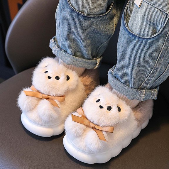 Children'S Slippers For Girls Winter Style Thick Warm Sole Slip Design Cartoon Style Bear Pattern Suitable For Family Match Beige CN:33(Foot Length:20cm/7.87'')