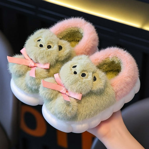 Children'S Slippers For Girls Winter Style Thick Warm Sole Slip Design Cartoon Style Bear Pattern Suitable For Family Match Green CN：27(Foot Length:17cm/6.69'')