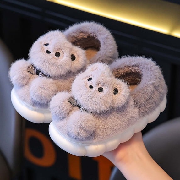 Children'S Slippers For Girls Winter Style Thick Warm Sole Slip Design Cartoon Style Bear Pattern Suitable For Family Match Grey CN:35(Foot Length:21cm/8.27'')