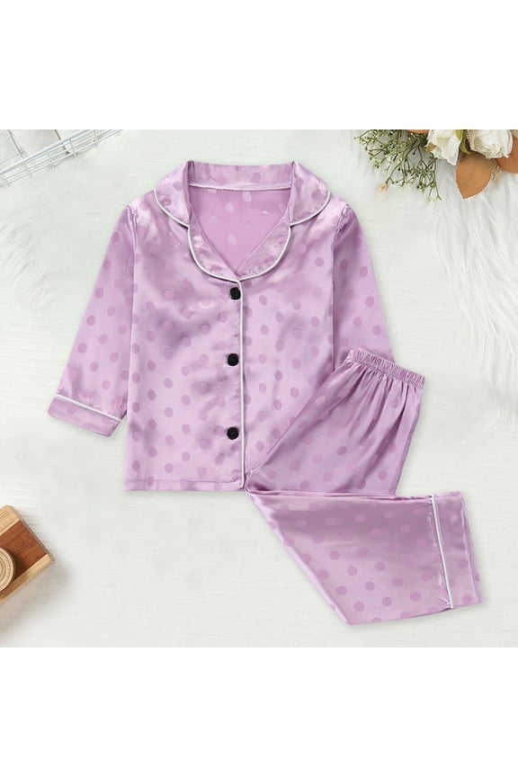 Children Satin Pajamas For Girls Boys Dot Summer Pajamas Button Down Long Sleeve Top with Pants Classic Pajamas Set Preppy Pajamas For Girls 5-6T