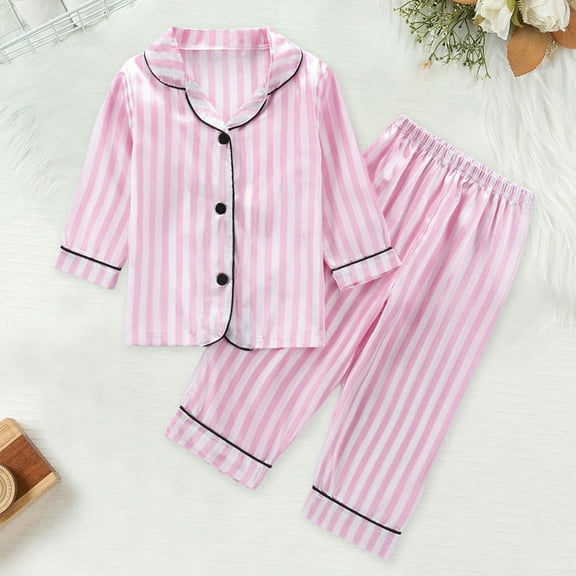 Children Satin Pajamas For Girls Boys Striped Summer Loungewear Button Down Long Sleeve Top with Pants Classic Loungewear Girls Pajamas Size 5-6T