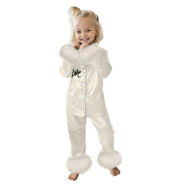 Children Satin Pajamas Set Fuzzy Trim Button-Up Pajamas Sleeper Silk Shirt Pajamas Pants Sleepwear Loungewear Set ,Beige,2Y(2-3 Years)