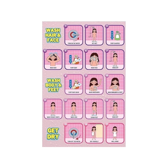 Children Self-Care Routine Poster Bath Shower Visual Schedule Chart for Autism Home Daycare Wall Art Parenting Aid