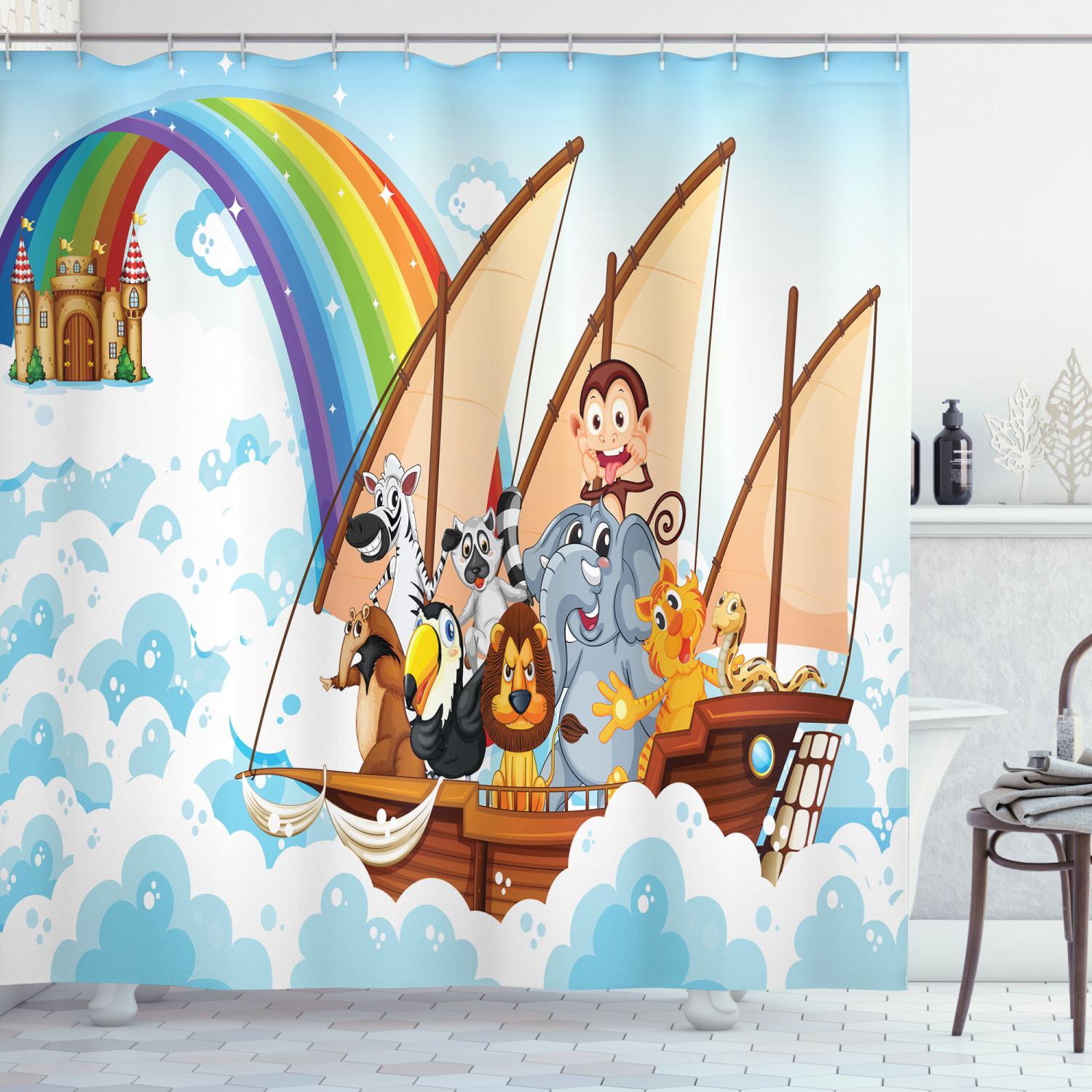 Children Shower Curtain, Many Animals on a Boat Noah's Ark in Fluffy