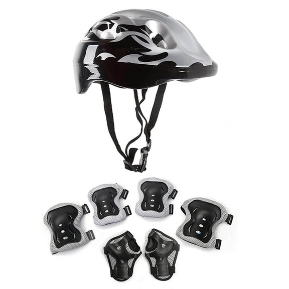Children Skating Protective Gear Set 7Pcs, Rvkxad Kids Helmet Knee Elbow Pads for Bike Skateboard Roller Skating, Adjustable ABS Breathable Sponge Safety Gear for Boys Girls Ages 5-12, Black