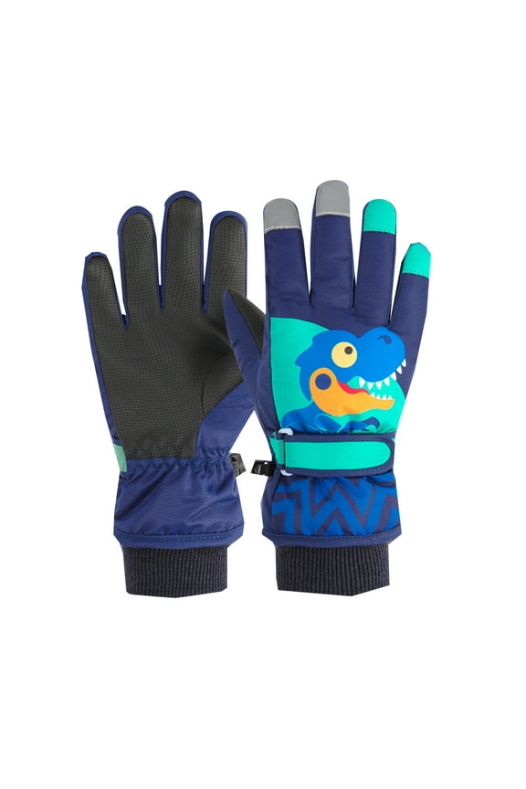 Children Ski Gloves Boys Winter Style Plush Thick Warm Waterproof Little Dinosaur Cartoon Bike Boy Warm Glove