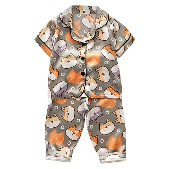 Children Sleepwears Boys Girls Satin Short Sleeve Cartoon Button Down Shirt Tops And Long Pants Silk Pajamas Loungewear Set Homewears Loungewear For Child