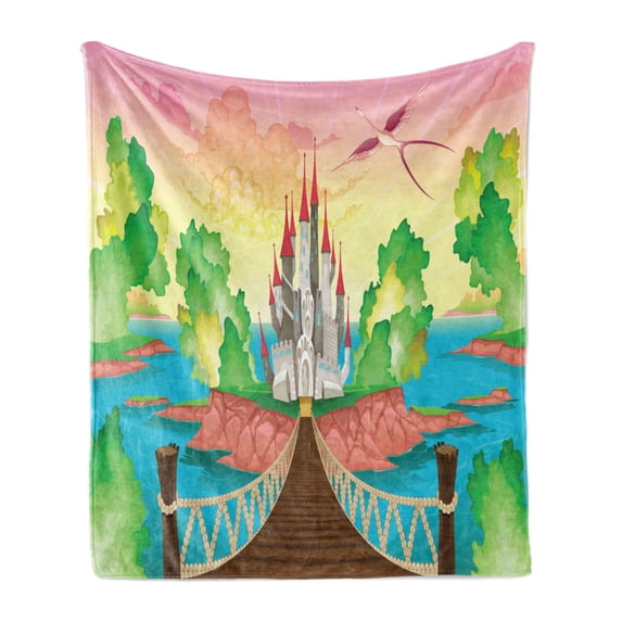 Children Soft Flannel Fleece Blanket, Princess Castle Above Wooden Bridge and Phoenix Bird Fairy Dream World Girls Image, Cozy Plush for Indoor and Outdoor Use, 60" x 80", Multicolor, by Ambesonne