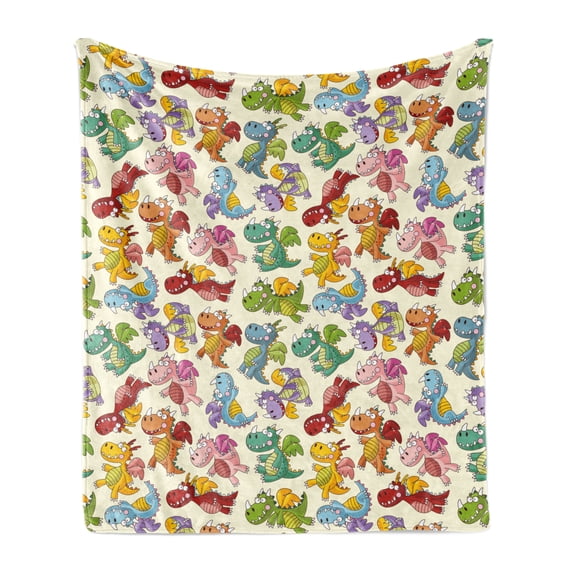 Children Soft Flannel Fleece Throw Blanket, Baby Loving Dangerous Happy Dinasours in Rainbow Colored Nursery Kids Print, Cozy Plush for Indoor and Outdoor Use, 50" x 70", Multicolor, by Ambesonne