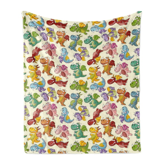 Children Soft Flannel Fleece Throw Blanket, Baby Loving Dangerous Happy Dinasours in Rainbow Colored Nursery Kids Print, Cozy Plush for Indoor and Outdoor Use, 60" x 80", Multicolor, by Ambesonne