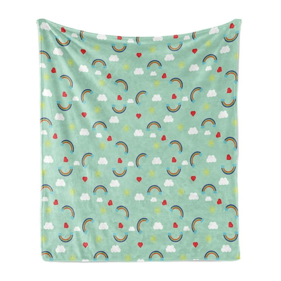 Children Soft Flannel Fleece Throw Blanket, Rainbow Sky with Clouds Heart and Sun Love Baby Playroom Theme, Cozy Plush for Indoor and Outdoor Use, 60" x 80", Mint Green Multicolor, by Ambesonne