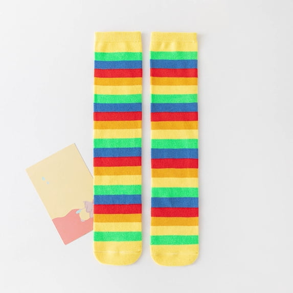 Children Striped Knee High Socks, Color Knee High Stockings Performance Casual Mid-Calf Tube Socks Hiking Socks Boy Yellow One Size