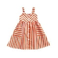 thumbnail image 1 of Children Summer Girls Dress Sweet Cotton Cute Cartoon Stripes Print Sleeveless Sling Princess Dress Button Front Belted Summer Cami Dress Orange and White Stripe Dress, 3-9Y, 1 of 9
