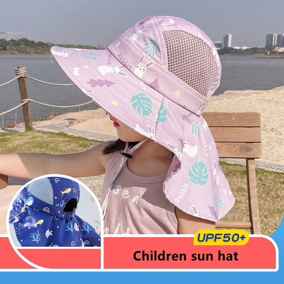 Children Sun Hat Summer Kids Outdoor Neck Ear Cover Anti UV Protection Beach Caps Kids Boy Girl Travel Flap Cap for Children (Purple,4 to 9 years old)