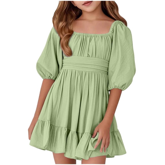 Children for Kids 2025 Solid Color Square Neck Ruffle Half Lenth Sleeve Puff A-Line Loose Fit Dress Girls Summer Trendy 11-12 T