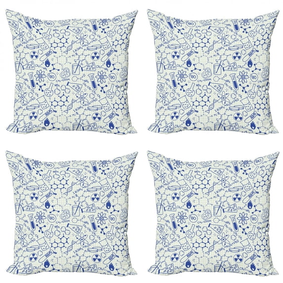 Ambesonne Cartoon Throw Pillow Cover 4 Pack, Geometry Chemistry Theme, 24", Blue and Ivory
