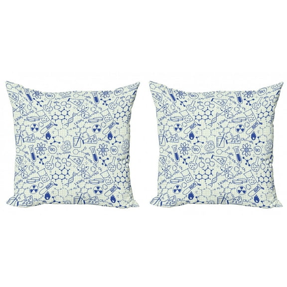 Ambesonne Cartoon Throw Pillow Cover 2 Pack, Geometry Chemistry Theme, 20", Blue and Ivory