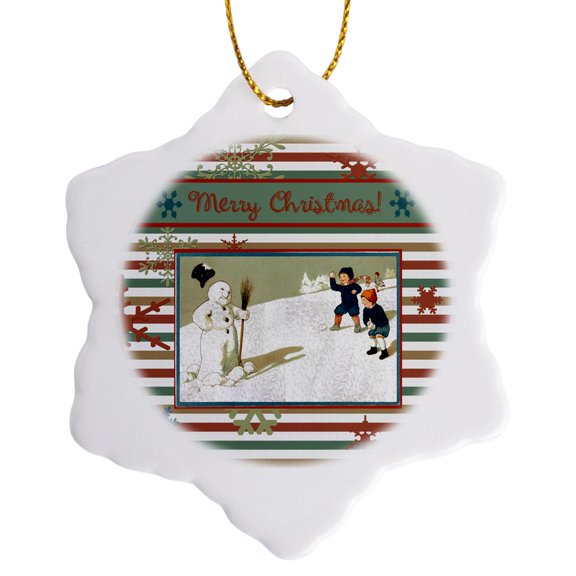3drose, Children Throwing Snowballs at Snowman, Hat in Air, Merry Christmas, 3 inch Snowflake Porcelain Ornament