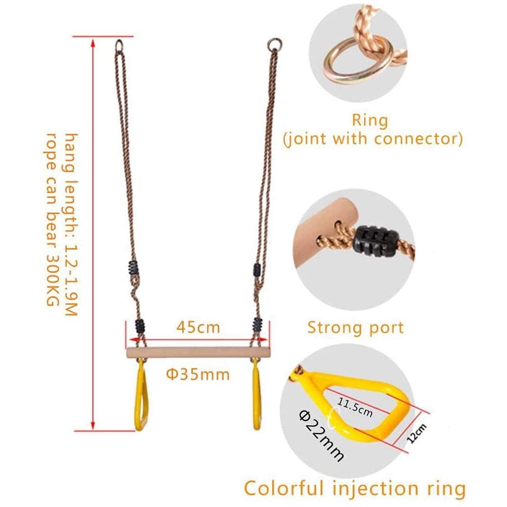 Children Trapeze Swing Bar With Rings Wooden Playset With Plastic Rings ...