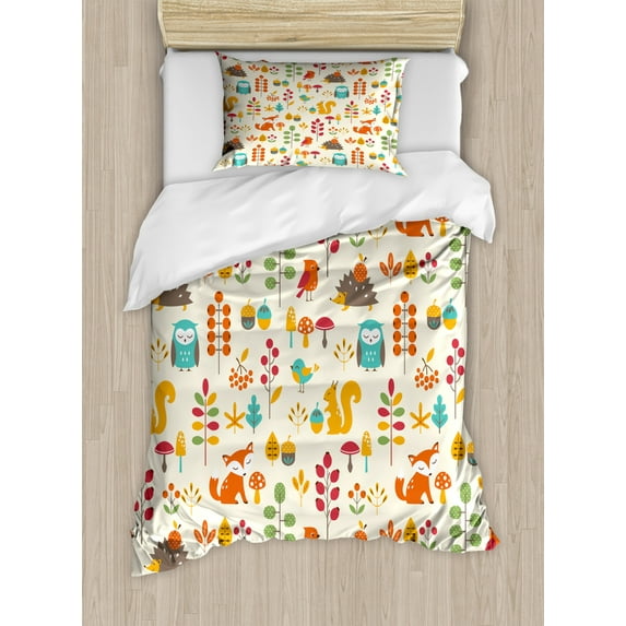 Children Twin Size Duvet Cover Set, Cute Kids Autumn Pattern with Owl Fox Squirrel Birds Animal Leaves Artsy Print, Decorative 2 Piece Bedding Set with 1 Pillow Sham, Multicolor, by Ambesonne
