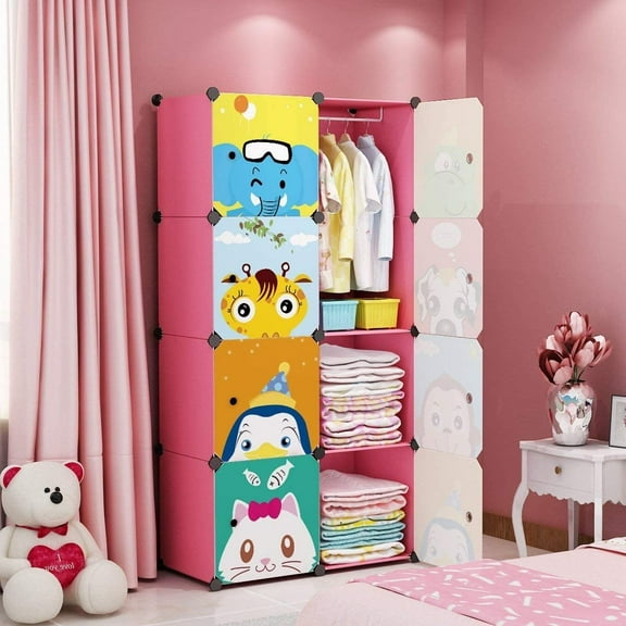Children Wardrobe Closet,Baby Girl and Kids Closet with Door, Cute Protable Cube Storage Clothes,Dresser for Bedroom,Pink,8 Cube(14x14inch)