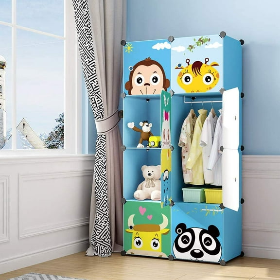 Children Wardrobe Kid Dresser Cute Baby Portable Closet Bedroom Armoire Clothes Hanging Storage Rack Cube Organizer(Blue, 6 Cube & 1 Rod)