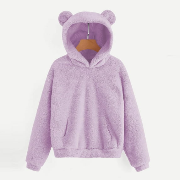 Children Winter Fuzzy Hoodies Boys Girls Solid Color Casual Sports Loungewear Warm Thick Fleece Pullover Tops Boys Basic Sweatshirt Purple 10-11Y