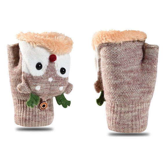 Children Winter Gloves Christmas Cartoon Elk Flip Half-Finger Mittens for Girl Boy Kids Warm Plush Lined Fingerless Glove (Grey,One Size)