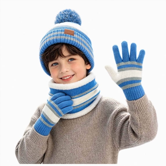 Children Winter Hat Scarf and Gloves Warm Protective Knitted Hat Set