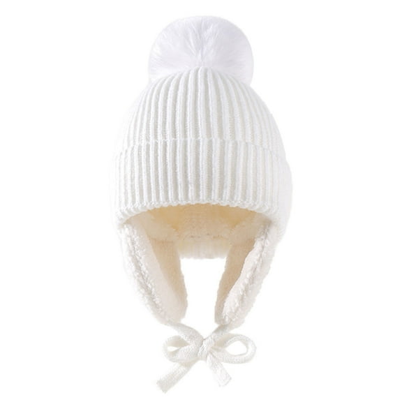 Children Winter Hat Thick Solid Color Head Ear Protection Plush Ball Decor Lace Up Windproof Elastic Cold Resistant Unisex Baby Cap Beanie Winter Accessories