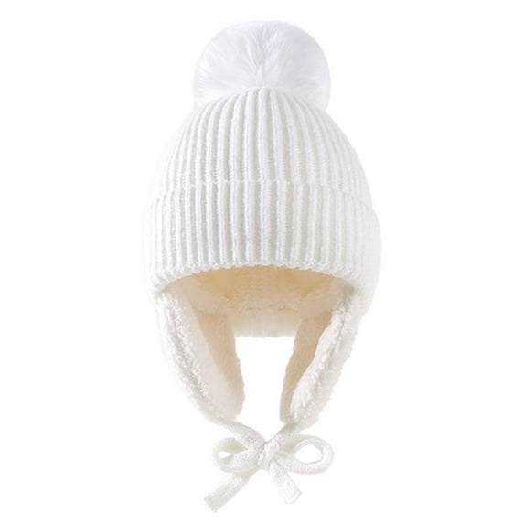 Children Winter Hat Thick Solid Color Head Ear Protection Plush Ball Decor Lace Up Windproof Elastic Cold Resistant Unisex Baby Cap Beanie Winter Accessories