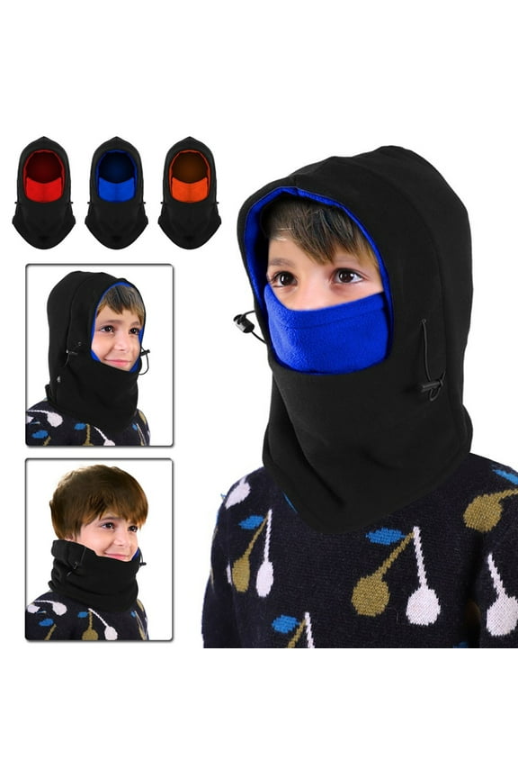 Children Winter Trapper Hat/Balaclava Fleece Windproof Ski Mask, IClover Unisex Ushanka Hunting Hat Russian Trooper Ear Flap Chin Strap Hat with Windproof Mask-Keep Warm in Cold Weather Black & Blue