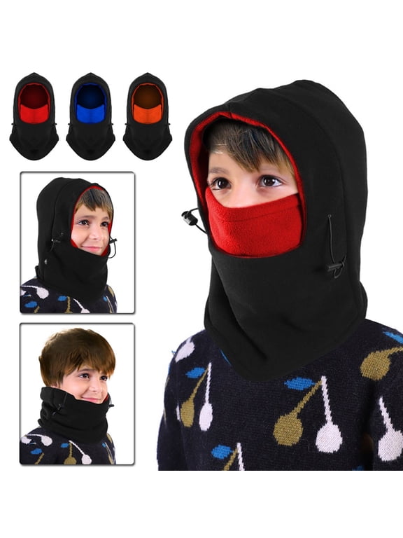 Children Winter Trapper Hat/Balaclava Fleece Windproof Ski Mask,IClover Unisex Ushanka Hunting Hat Russian Trooper Ear Flap Chin Strap Hat with Windproof Mask-Keep Warm in Cold Weather Black & Red