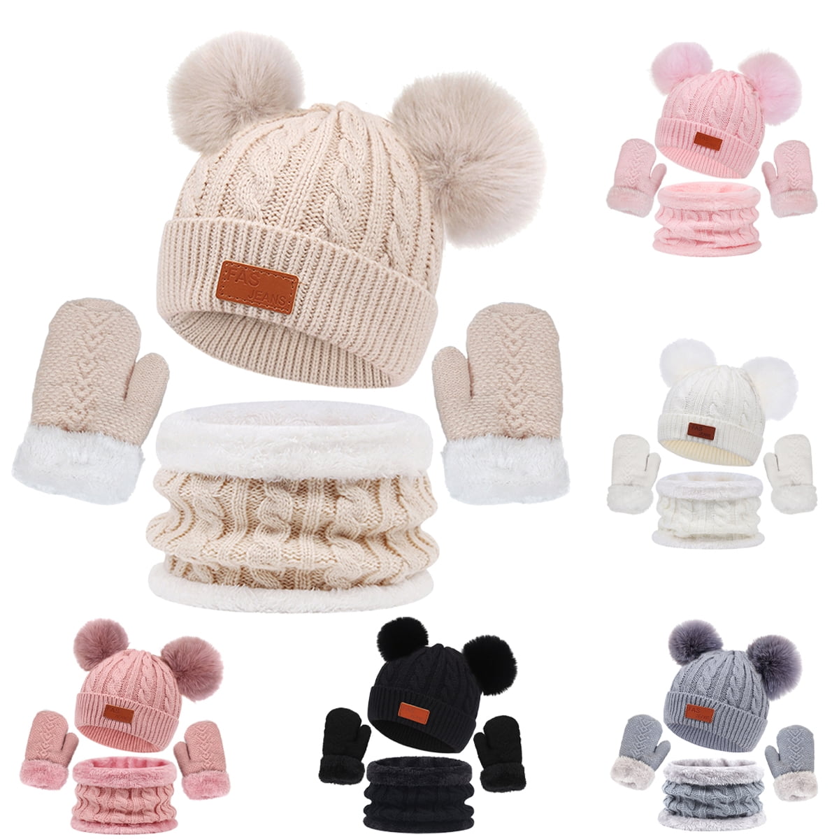 Children Winter Warm Suits Knitted Hat Scarf and Gloves Set For Girls ...