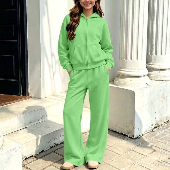 Children Winter Warmth Two-piece Set Hooded Zipper Sweatshirt Coat Wide-leg Pants Sports Fleece-lined Sets