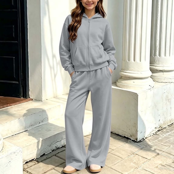 Children Winter Warmth Two-piece Set Hooded Zipper Sweatshirt Coat Wide-leg Pants Sports Fleece-lined Sets