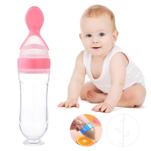 Children With Suction Cup Rice Paste Bottle Children Training Silicone Baby Bottle Spoon Auxiliary Food Bottle Can Stand/ Food Spoon Pink B