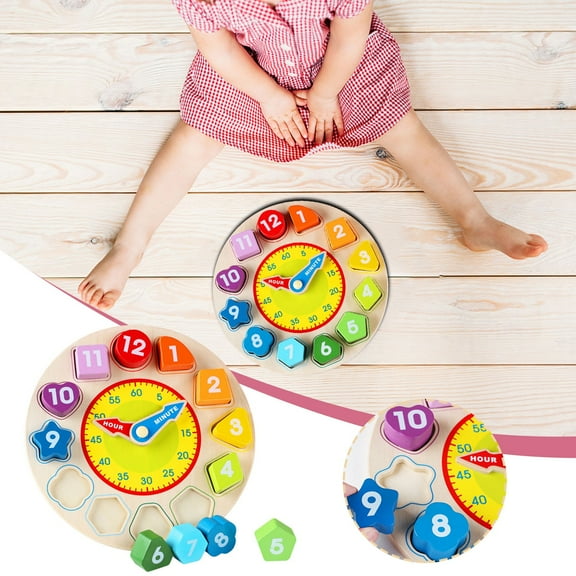 Wooden Alarm Clock Puzzle, Geometric Shape Sorter, Early Learning Toy, Number Time Teaching Aid, Montessori Educational Gift for Toddlers