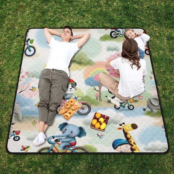 Children and Animals Bikes Beach Blanket Outdoor Picnic Blanket 78"x 78" Waterproof Foldable for Beach Camping Travel Hiking Grass Lawn Park