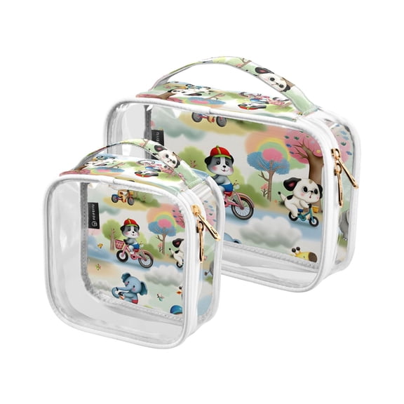 Children and Animals Bikes Clear Cosmetic Bags with Handles PVC Toiletry Bags Zipper Waterproof Portable for Traveling 2 Pcs