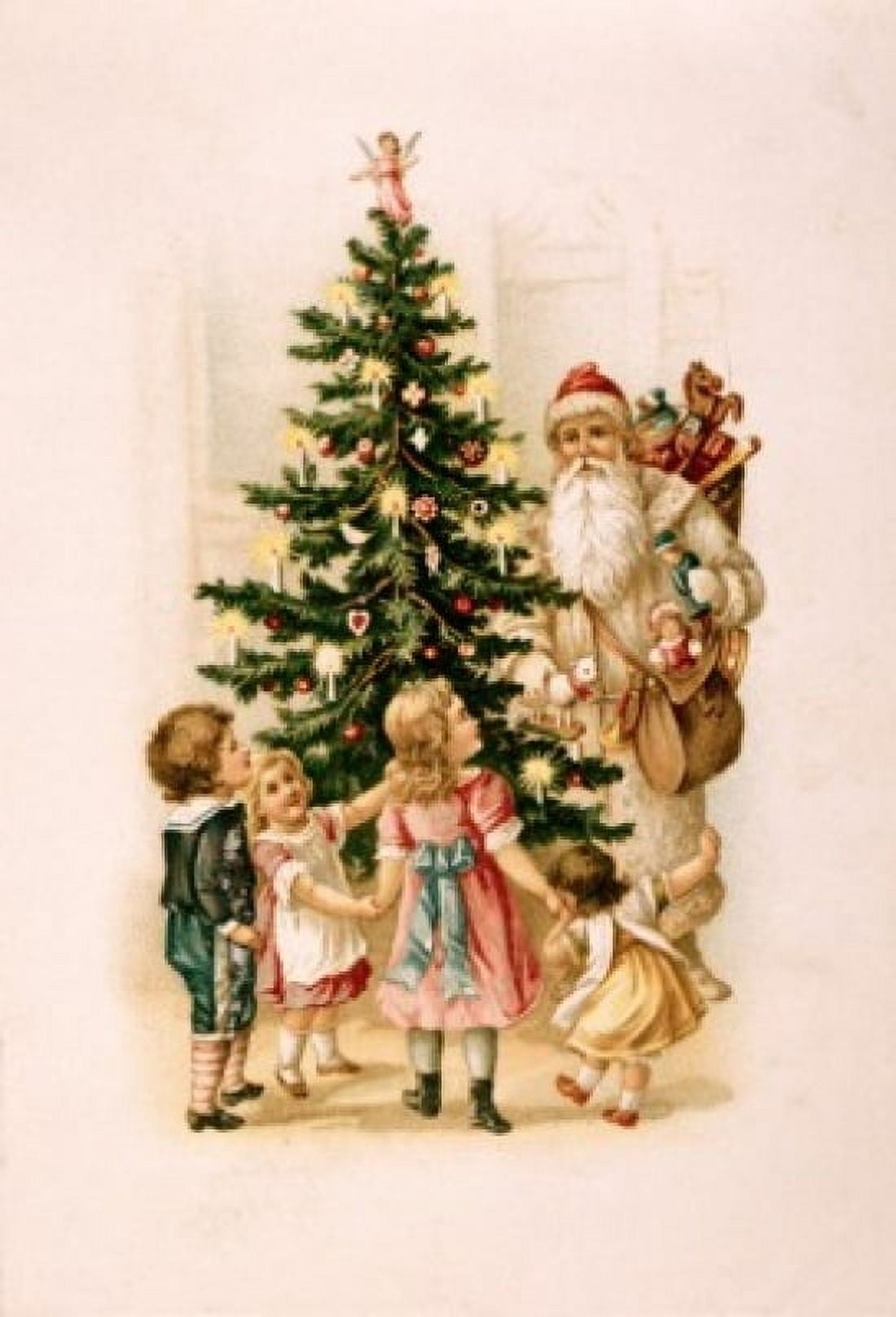 Children and Santa Around a Christmas Tree Nostalgia Cards Canvas Art - (24 x 36)