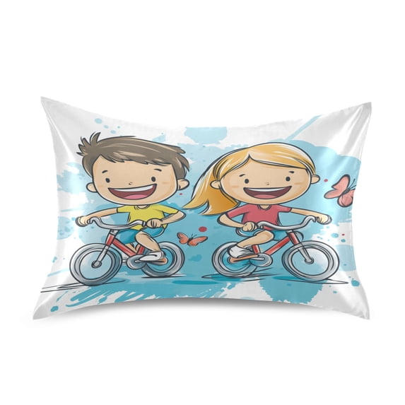 Children by Bike Queen Size Pillowcase Silky Smooth Finish Anti Wrinkle Design Easy Envelope Closure 20x30in